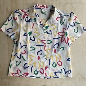 Vintage Inner Visions Ship 'n Shore Shirt Womens 16 White Floral Button Up 80s